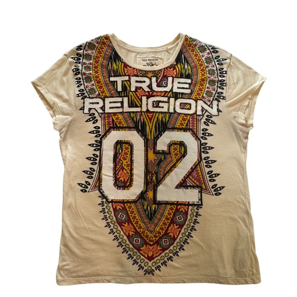 True Religion T-Shirt Women's Large Graphic Print Colorful Top - Picture 1 of 7